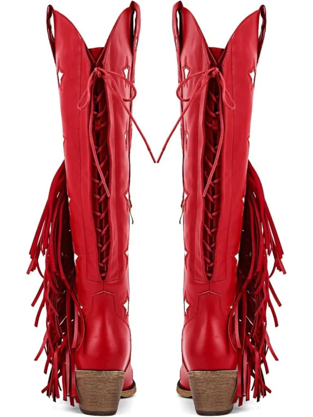 Women Knee High Red Pointed Toe Fringe Wide Calf Cowgirl Over The Knee High Boot